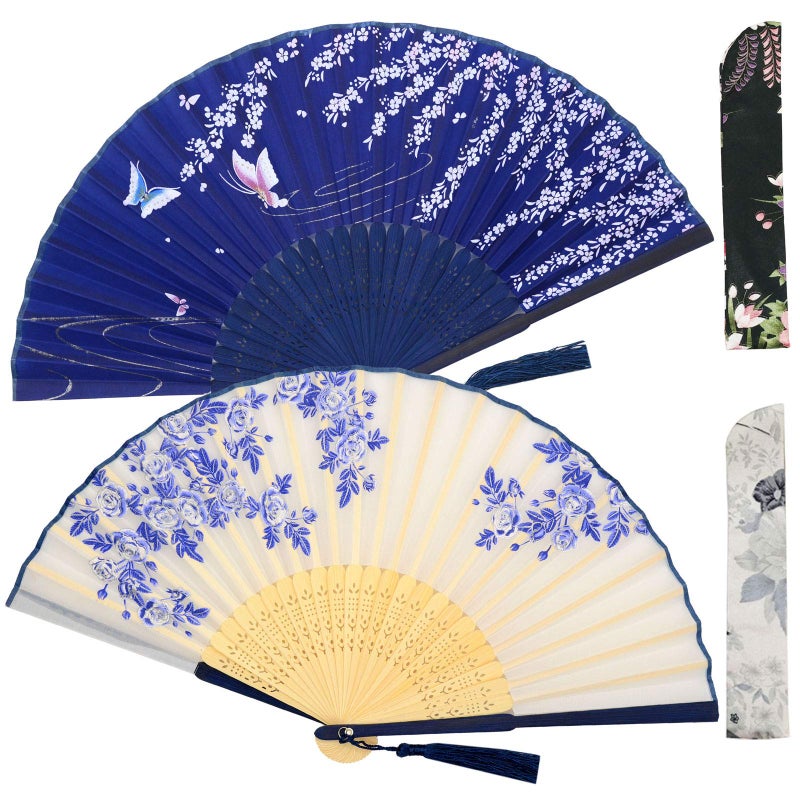 Zolee 2 PCS Small Folding Hand Fans for Women - Chinese Japanese Vintage Bamboo Silk Fans - for Dance, Performance, Decoration, Wedding, Partyï¼ŒGift (White Rose & Blue Sakura) - Image 1